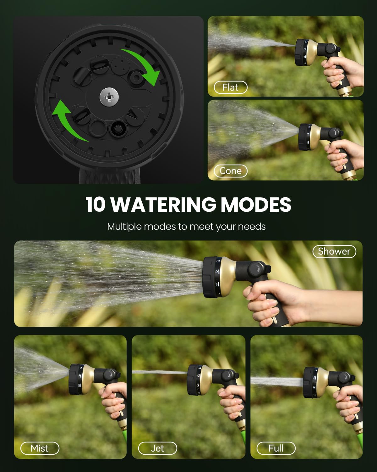RAINPOINT Garden Hose Nozzle Heavy Duty - 100% Metal Thumb Control Spray Nozzles for Garden Hose High Pressure, 10 Patterns Water Hose Nozzle for Car Wash, Watering Lawn and Pets, Black