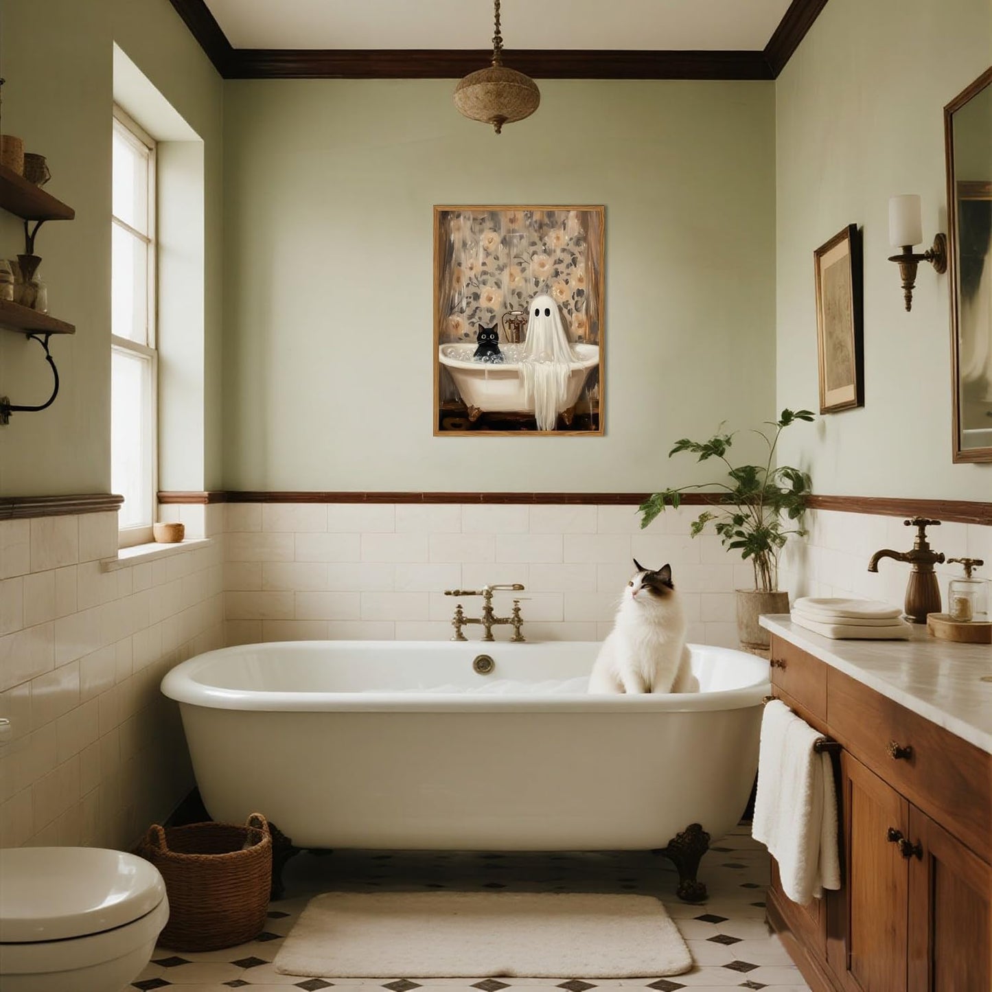 Framed Halloween Ghost Bathroom Canvas Wall Art, Funny Cute Ghost and Black Cat in Bathtub Pictures Wall Decor, Gothic Dark Academia Paintings Prints Spooky Home Decor for Restroom 12x16 inch