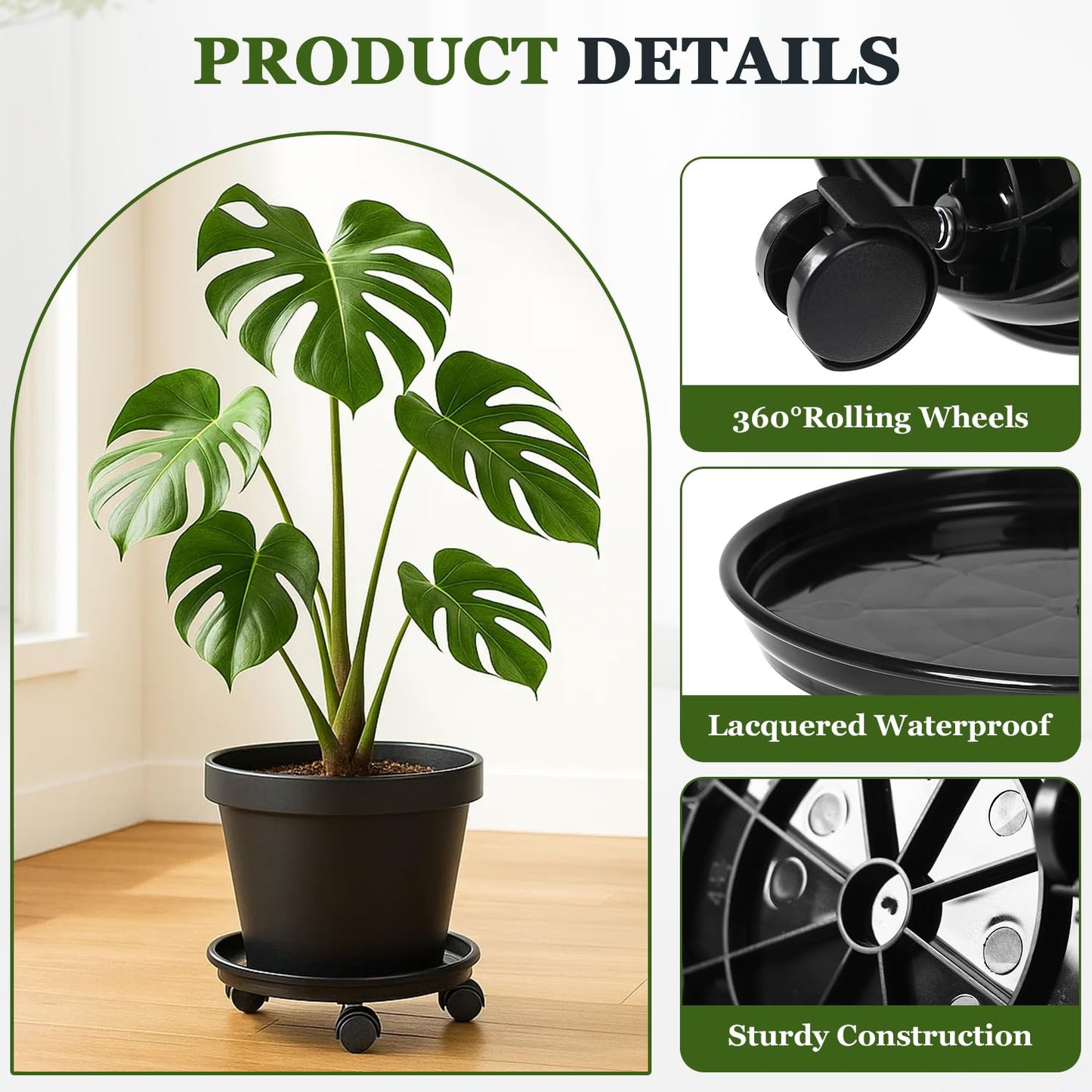 Circloophs 5 Packs Plastic Plant Caddy with Casters 12" Heavy-duty Plant Dolly Rolling Plant Stand with Wheels for Moving Heavy and Large Plant Pot Saucers Plant Rollers Indoor and Outdoor, Black
