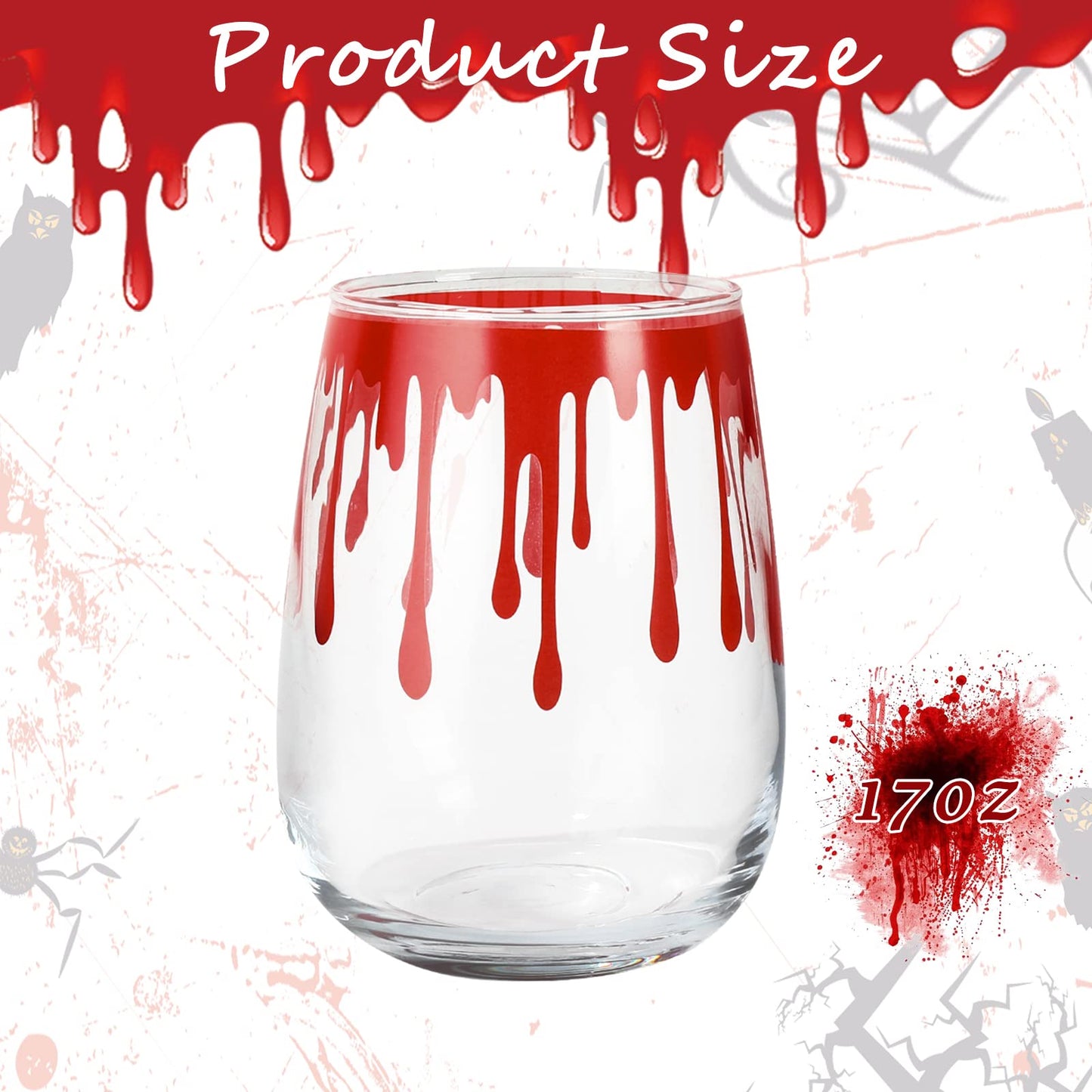 Whaline 3Pcs Halloween Stemless Wine Glasses 17oz Blood Splattered Drinking Glasses Horror Bloody Tumbler Cups for Halloween Party Event Supplies Kitchen Decorations Wine Glasses Lovers Gift