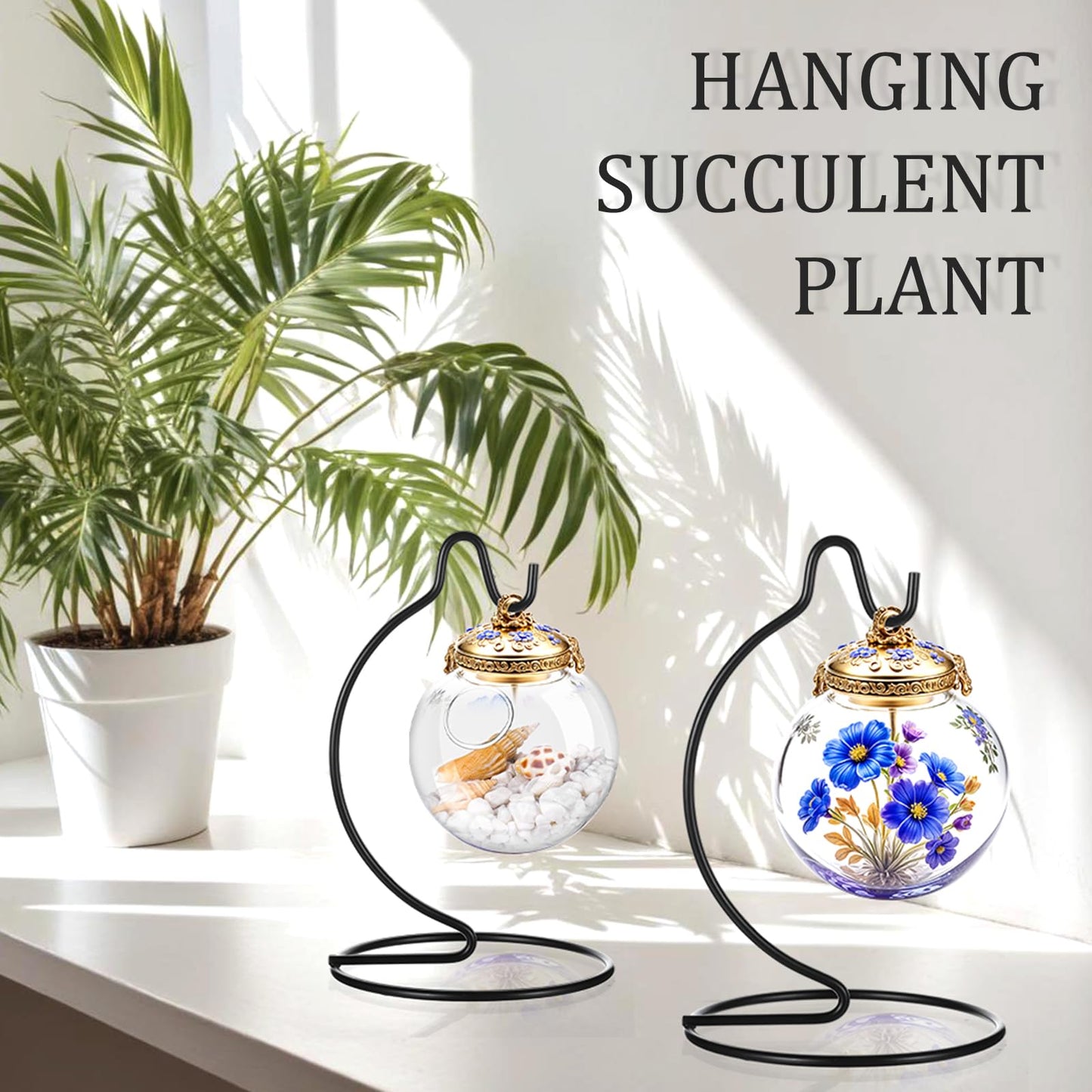 JOUTYFOR 20 Pcs Ornament Display Stand Small 6 Inch, Ornament Hanger, Air Plant Holder Terrariums Hanging Stand Crystal Ball Hanging Hook for Christmas Wedding Home Office Decoration(Black)