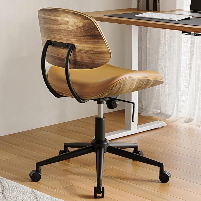 Armless Office Chair with Wheels, PU Leather Adjustable Height Desk Chair
