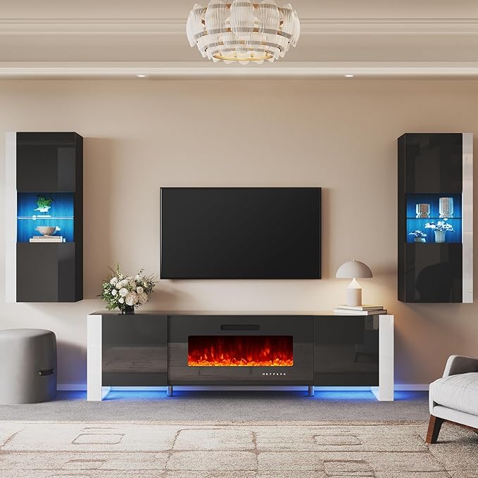 AMERLIFE 3-Piece Modern Wall Unit Entertainment Center Set, High Gloss 80"