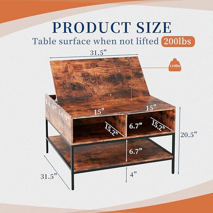 Coffee Table with Storage, Square Coffee Table with Display Shelf and Hidden