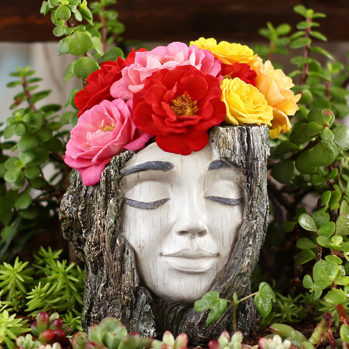 YOYLMAL Tree Stump Face Planter Pot, 4.9” Resin Women's Head Succulent Planter for Indoor Outdoor Plants, Unique Flower Pot with Drainage Hole, Gifts for Women Mom