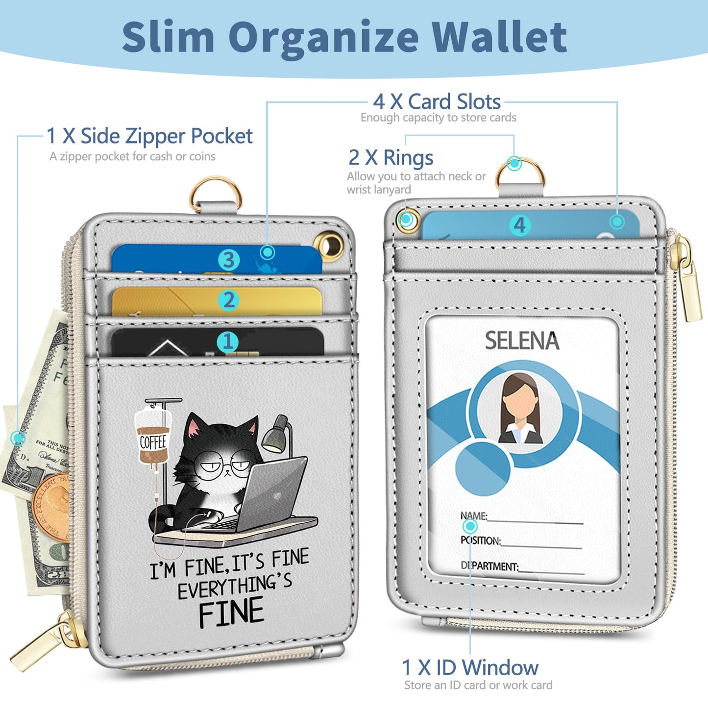Mavellin Lanyard Wallet with Id Badge Holder, Funny Cat RFID Small Keychain Wallet Women Wristlet, Cute Zipper Credit Card Holder Phone Wrist Neck Strap for Key Name Tag, Teacher Office Work Gifts