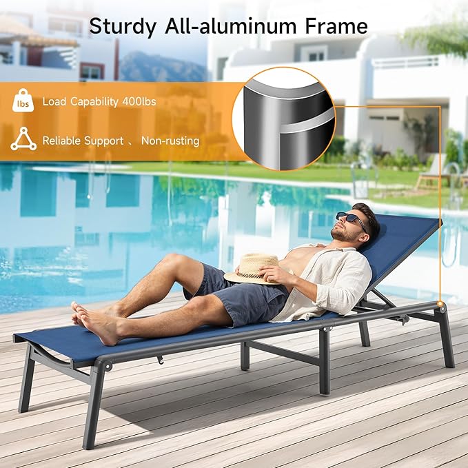 Aluminum Chaise Lounge Chair Outdoor, Foldable & Assembly Free Outdoor Lounge