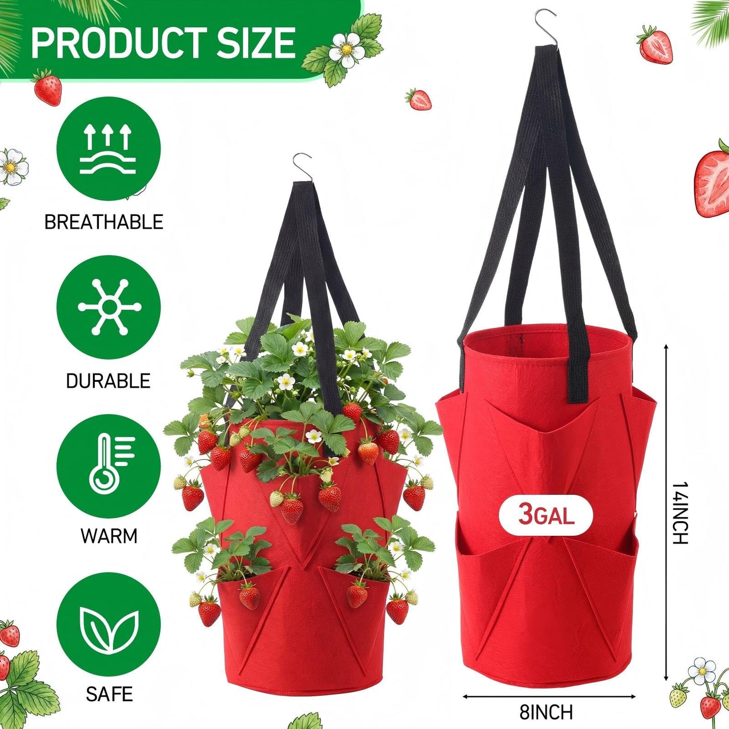SATINIOR 10 Pack Upside Down Strawberry Planter Set Hanging Vegetables Grow Bags with 10 S Hooks, 3 Gallon Fabric Planting Bags for Easy Vertical Gardening(Red)