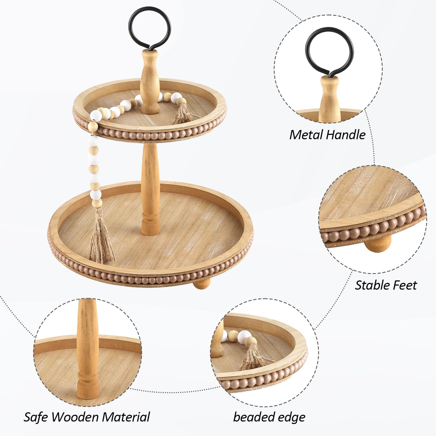 Beaded Tiered Tray Stand, Rustic Wooden 2 Tier Decorative Tray with Bead Garland, Farmhouse Round Wood Serving Tray Counter Centerpiece for Coffee Bar Home Decor Holiday Housewarming Gifts (Brown)
