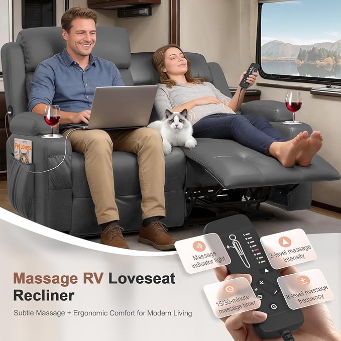 Power Loveseat Recliner with 2-Point Graphene Heat & Massage, Under-Seat