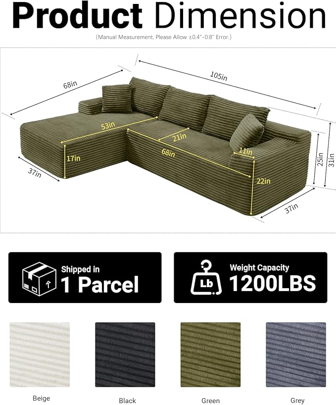 108" Cloud Sectional Couch, Modern Modular Sectional Sofa