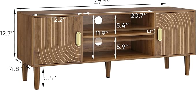 Smuxee Walnut TV Stand with Line Groove Design, 47.2" Mid Century Modern TV