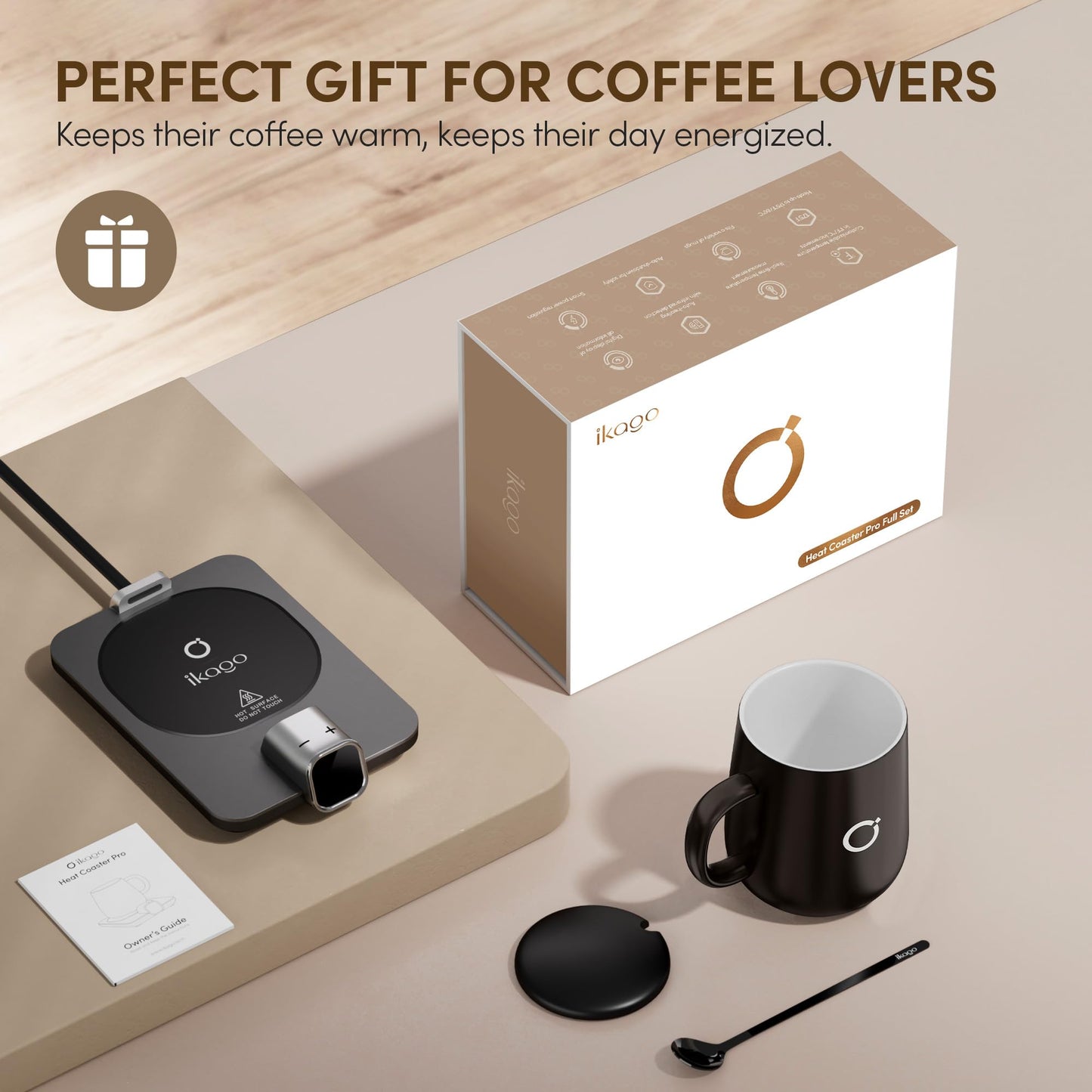 iKago Coffee Mug Warmer Set, Temperature Control Smart Heated Mug for Desk, Electric Coffee Warmer with Auto Shut Off & Real-Time Temp Display, Gifts for Men Women, 15oz, Black