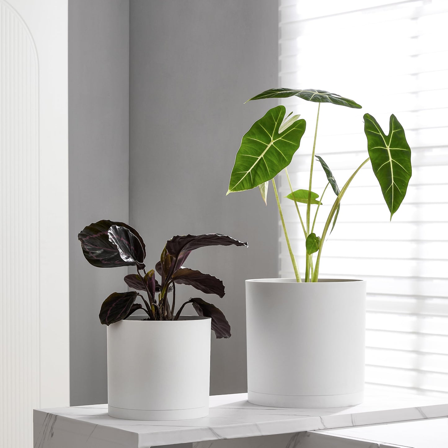 FaithLand 8-Inch Modern Cylinder Planter, Thick-Walled Plastic Plant Pot with Drainage Holes and Detachable Saucer, Matte White, Ideal for Indoor & Outdoor Plants Flowers
