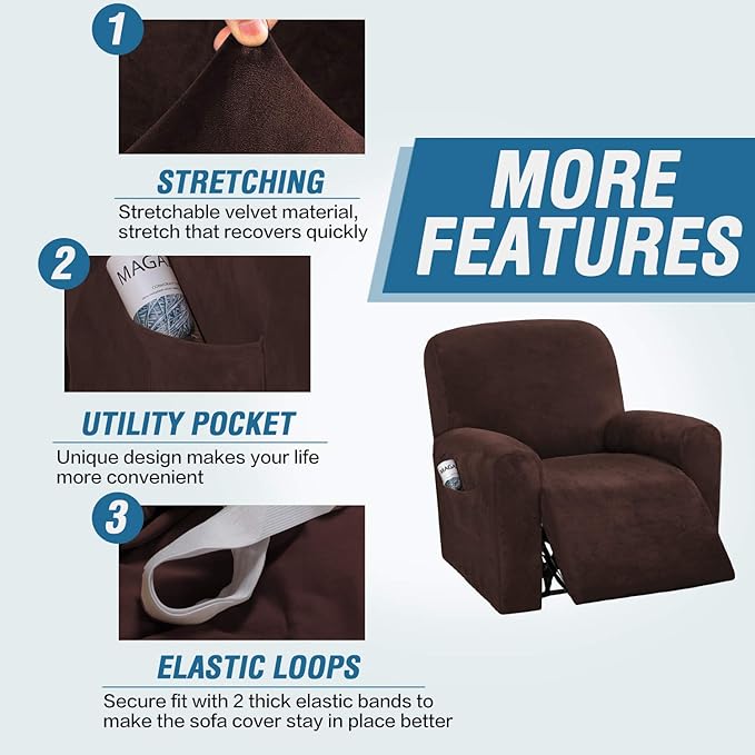 H.VERSAILTEX Velvet Stretch Recliner Couch Covers 4-Pieces Style Recliner Chair
