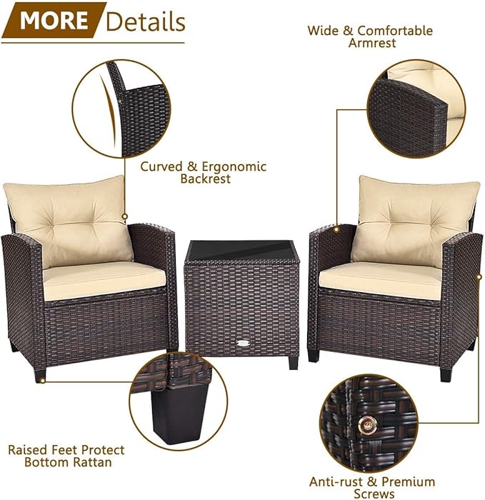 HAPPYGRILL 3 Pieces Patio Conversation Set, Outdoor Furniture Set PE Rattan