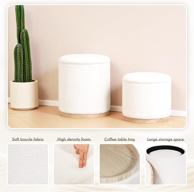 PINPLUS Round Ottoman with Storage Set of 2, Vanity Stool with Tray Storage