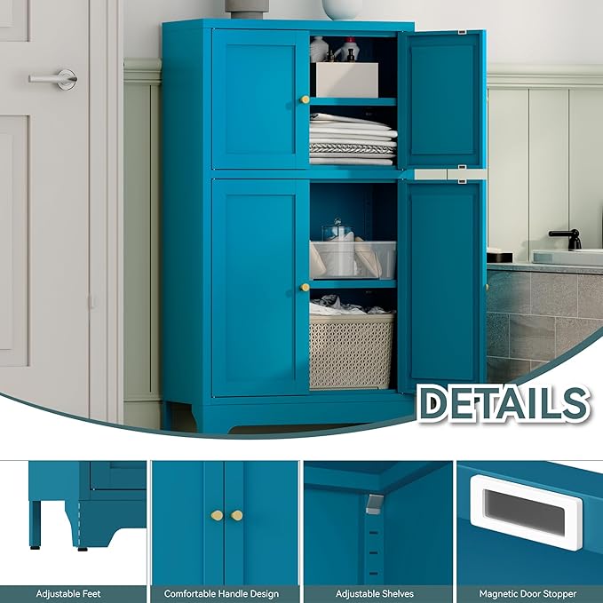 YAUWOH Blue Bathroom Floor Cabinet, Metal Storage Cabinet