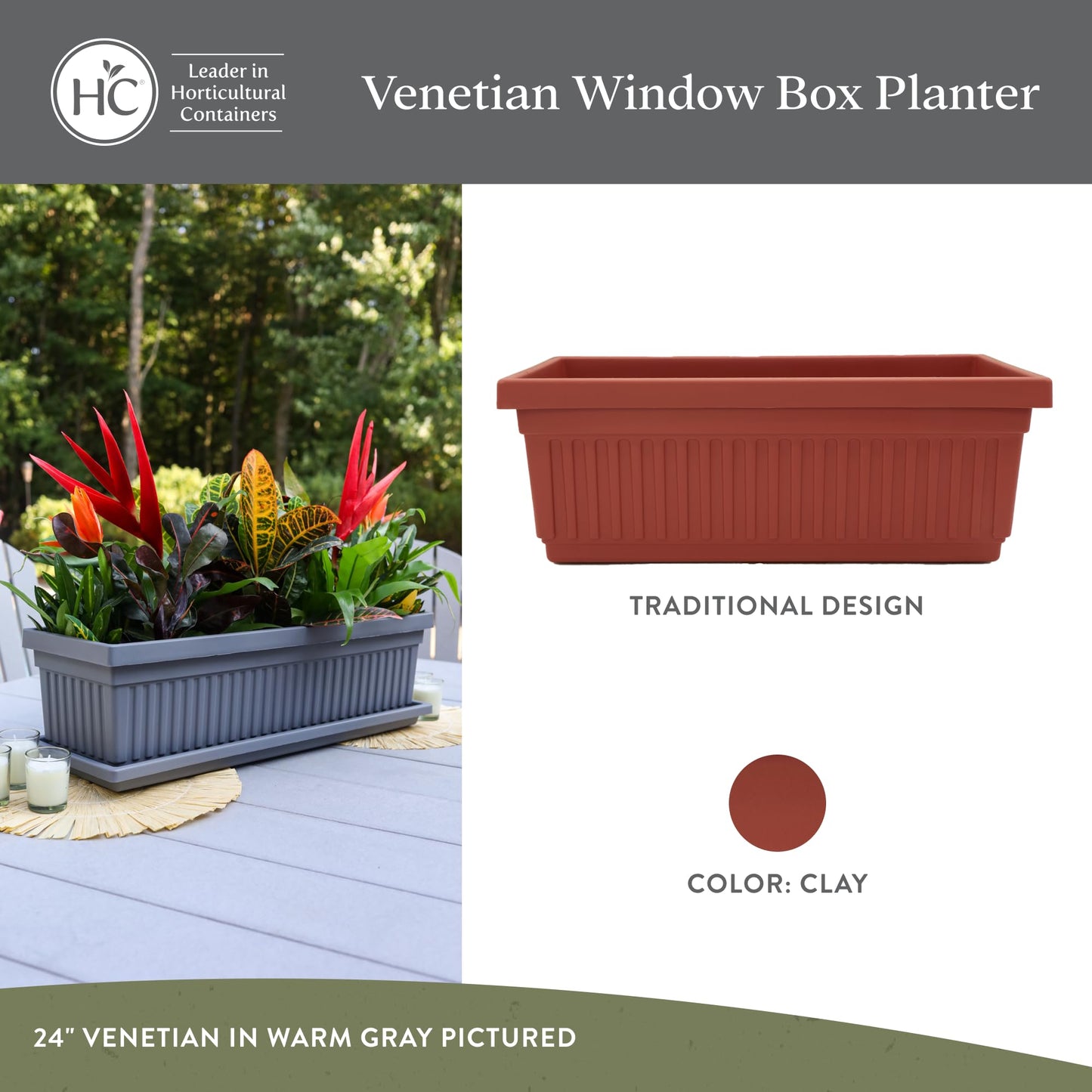 The HC Companies Venetian Window Planter Box w/Drain Plug - Long Planter Box for Windowsills, Balconies & More - Plastic Rectangular Outdoor Planters for Herbs & Flowers (18" Clay, Pack of 1)