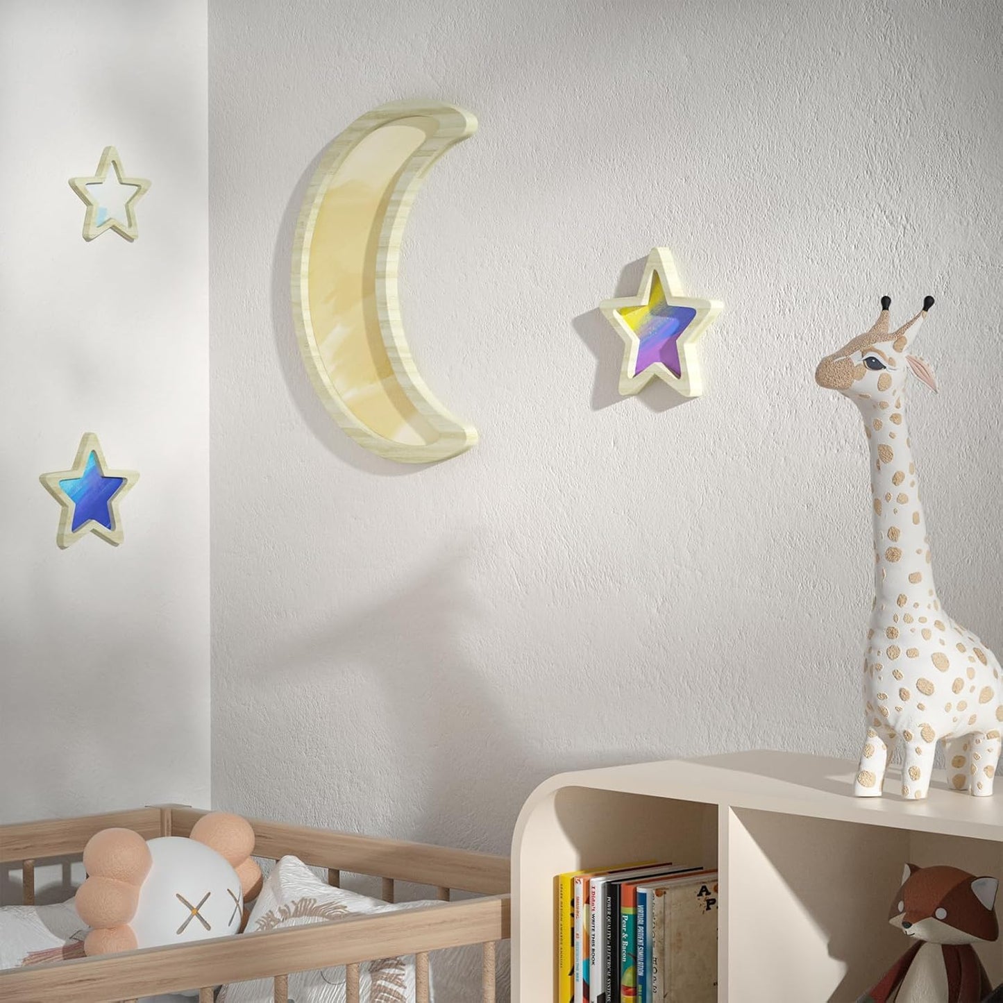 Boho Nursery Decor, 4 Pcs Wooden Moon Stars Baby Wall Decor Baby Room Decor for Nursery Bedroom
