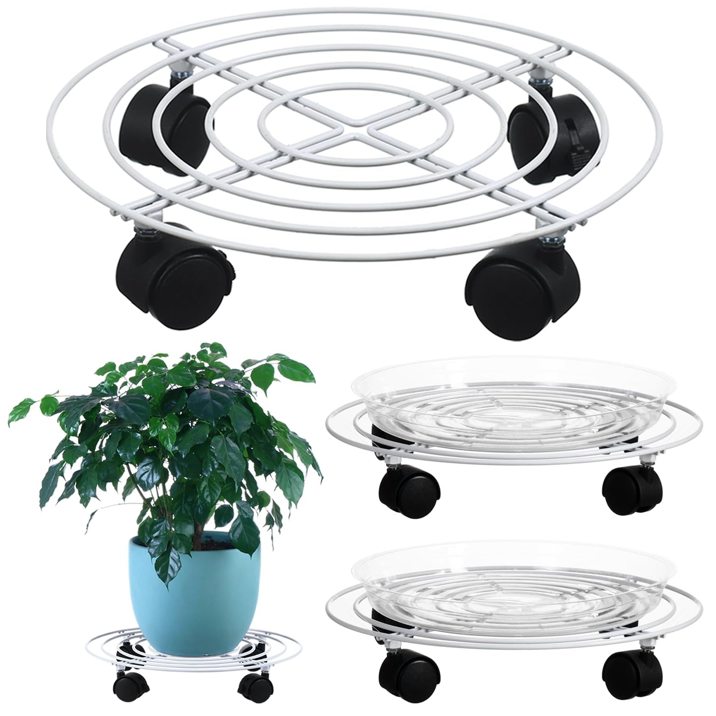 3 Packs Large Metal Plant Caddy with Wheels 13" Heavy-Duty Wrought Iron Rolling Plant Stands with Casters Plant Dolly Plant Roller Base for Indoor and Outdoor Plant Pot Movers Saucers White