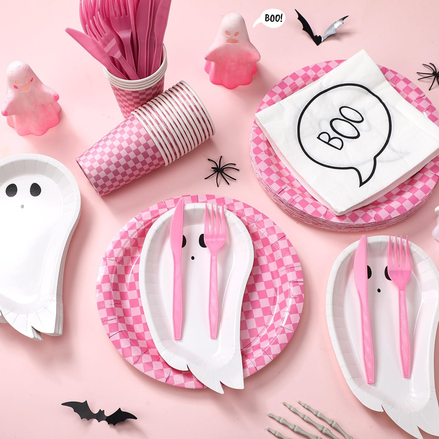 Yungyan 144 Pcs/24 Set Summer Halloween Paper Plates and Napkins Boo Ghost Plates Pink Cups with Forks and Knife Halloween Party Tableware Set for Spooky Birthday Party Decoration Boo Baby Shower