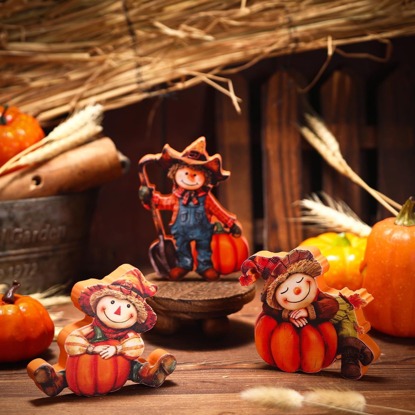 DoubleFill 3 Pcs Fall Figurines Home Decor Harvest Scarecrow with Pumpkins Wood Figurines Thanksgiving Wooden Scarecrow Decorations for Fall Thanksgiving Home Office Party Table Decoration Gifts