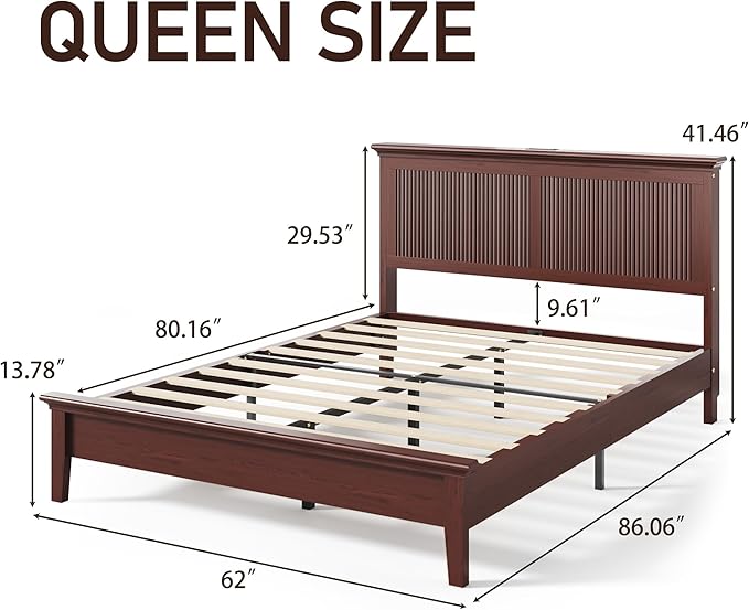 Lifezone Queen Bed Frame with Headboard, Solid Wood Bed Frame Queen Size with