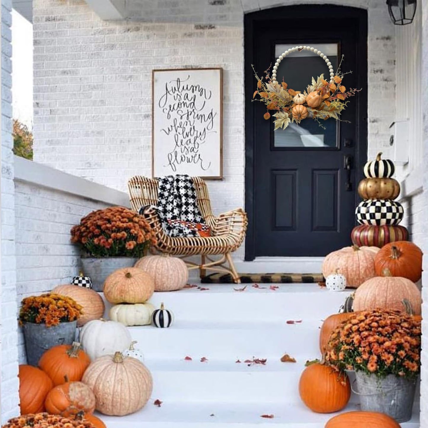 Autumn Wood Bead Pumpkin Fall Wreath for Front Door, 16" Pumpkin and Berries Wreath for Farmhouse Wall Thanksgiving, Fall Season Decor