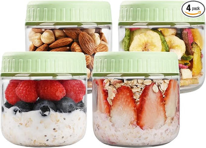 SHOWIN Overnight Oats Containers with Lids, 10oz Glass Jars with Lids 4 pcs, Light Green, Wide Mouth Mason jars for Salad, Yogurt, Snacks, Meal Prep