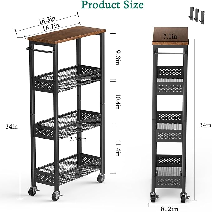XYZLVSI Slim Storage Cart 4 Tier Narrow Kitchen Rolling Cart on Wheels