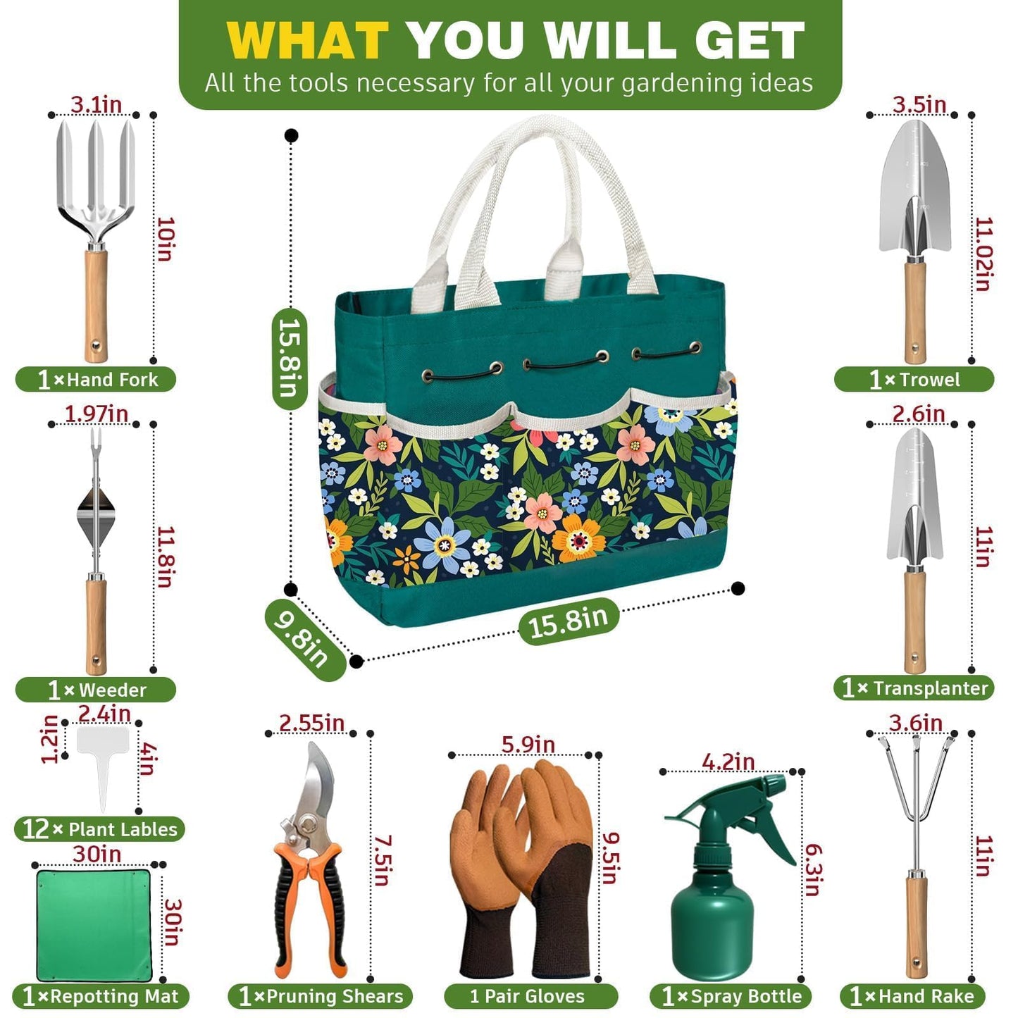 22Pcs Gardening Tools Set for Women Heavy Duty Garden Hand Tools Kit Birthday Gifts for Mom Wife Grandma Beginner Gardening Accessories with Tote Bag/Shovels/Repotting Mat/Plant Labels/Gloves