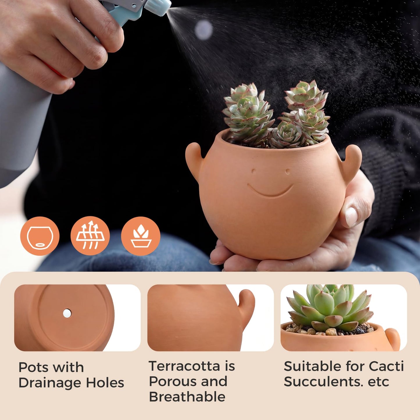 Bamworld Smiley Face Planter Pot Cute Plant Pots Small Plant Pot with Drainage Holes Gifts for Plant Lovers Succulent Pots Terracotta Planter for Indoor Outdoor Funny Planters Power Hands Home Decor
