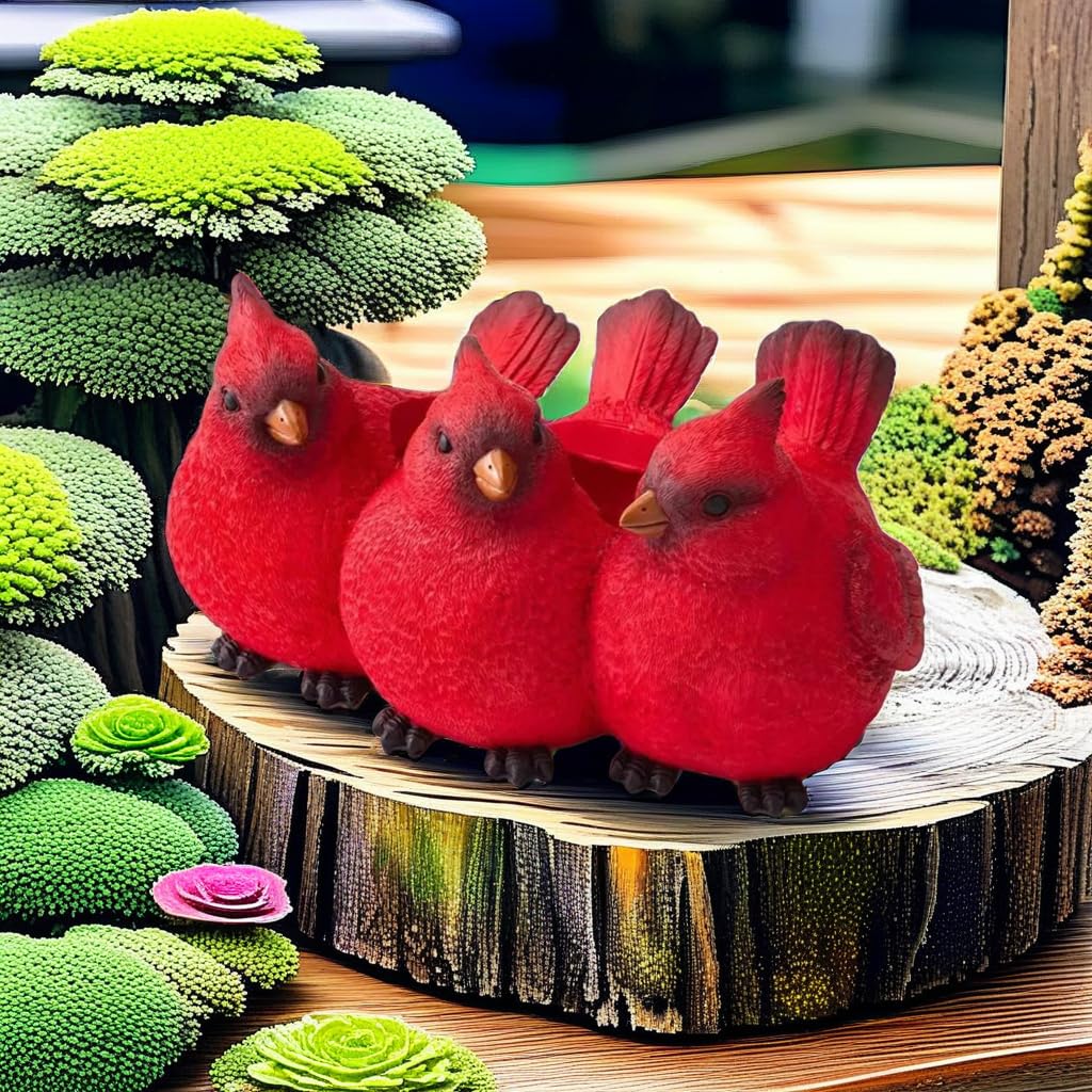 Odulut Cardinal Bird Succulent Flower Pot,Resin Red Birds Plant Pot,Three Little Birds Decorative Planter for Indoor/Outdoor Tabletop Home Garden Plant Decor