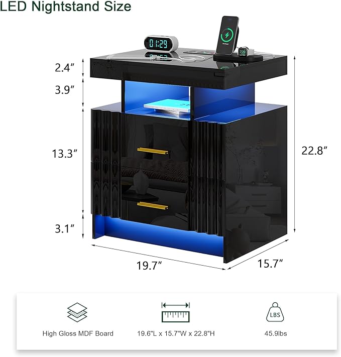 Nightstand with Wireless Charging Station, Smart Night Stand with 2 Drawers