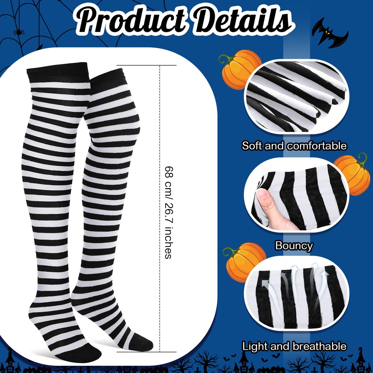 Vicenpal 3 Pcs Halloween Witch Costume Accessories Witch Broom Shoe Covers Socks Broomstick for Women Cosplay Party(Black White)