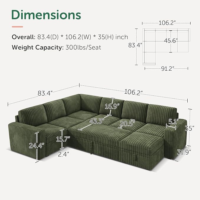 HONBAY Modular Sectional Sleeper Sofa