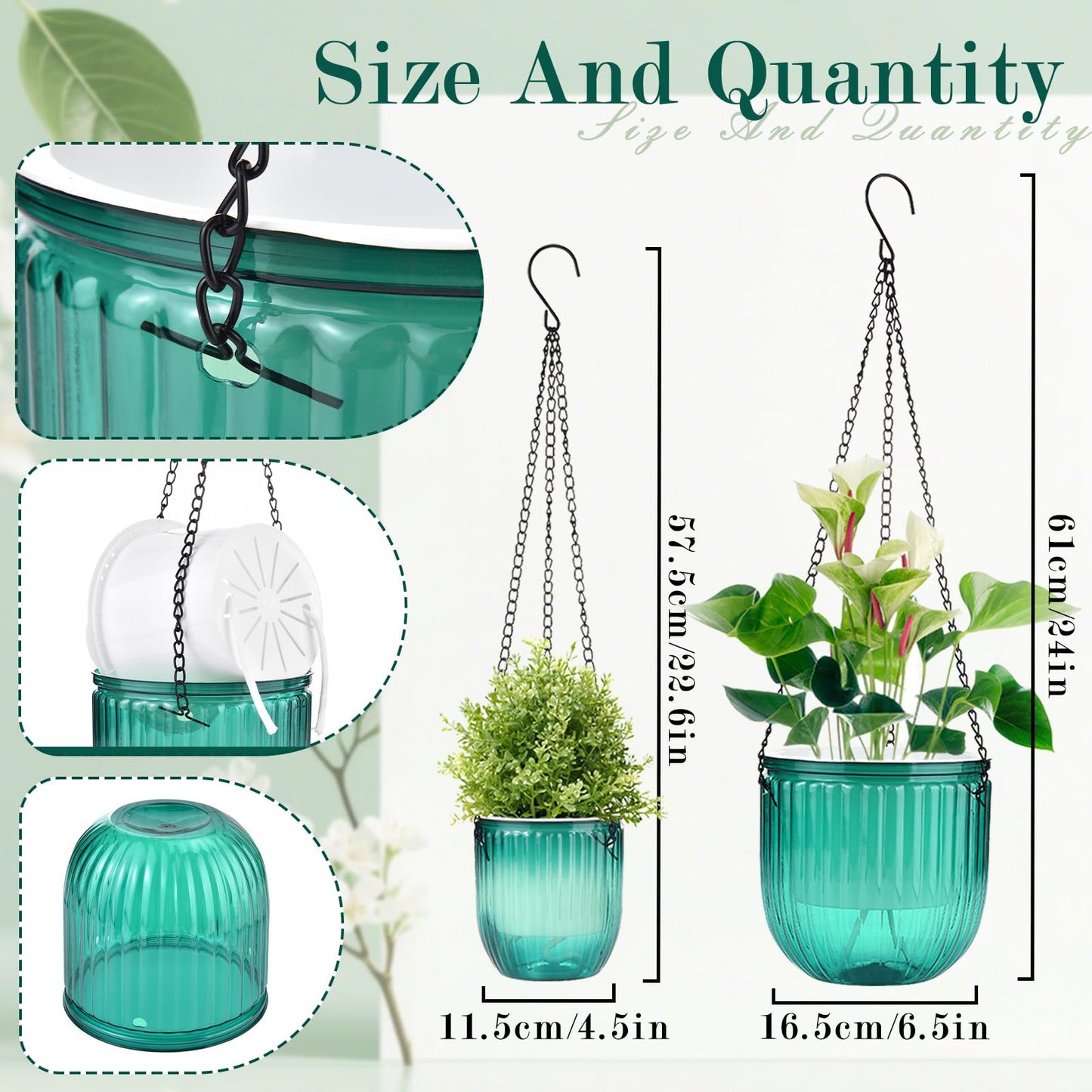 JxyHauteresce 4 Pack Self Watering Hanging Planters with Drainage Holes –Hanging planters for Indoor Plants, Flowers, Succulents – Lightweight, Durable Hanging Baskets Green