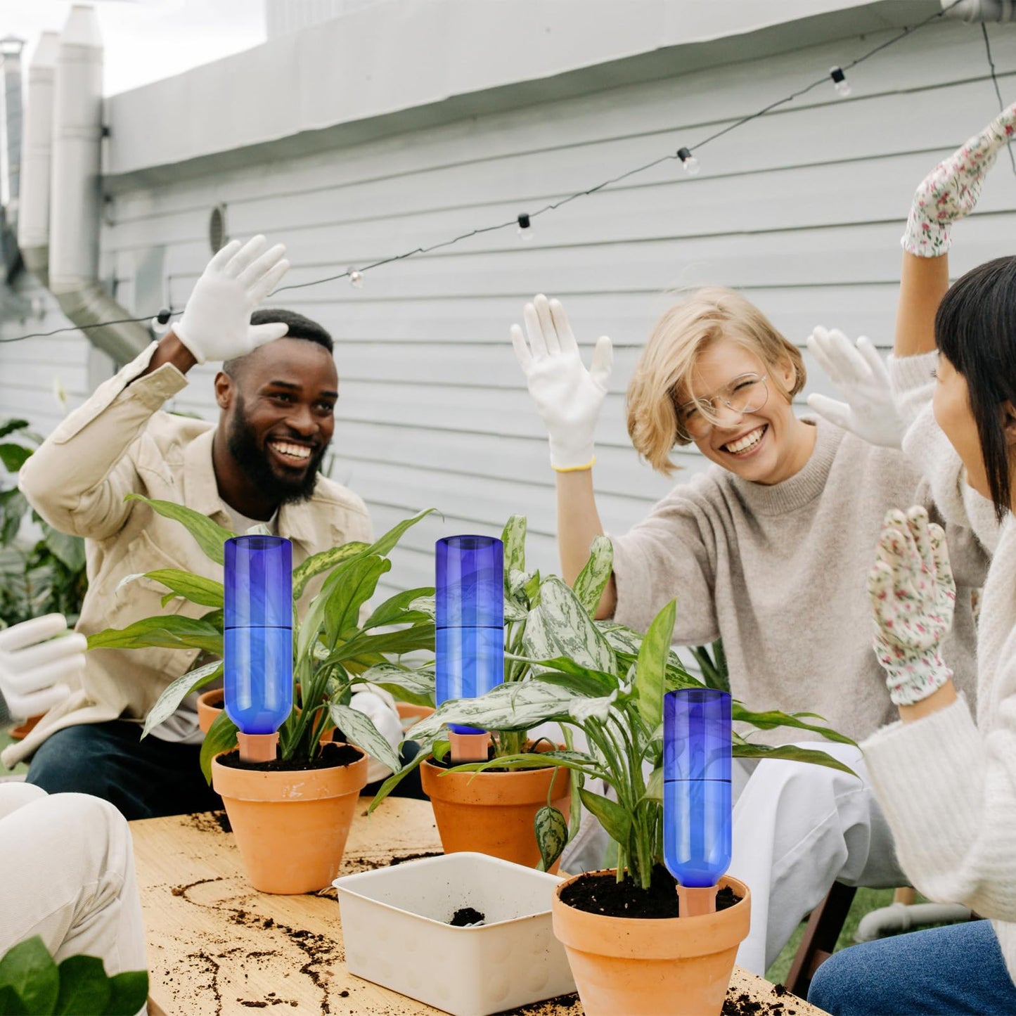 TINSKY 6 Sets Plant Watering Devices Terracotta Self Watering Spikes and 26 Oz Plastic Blue Bottles Slow Release Vacation Plant Waterer Automatic Planter Insert for Indoor Outdoor Plants