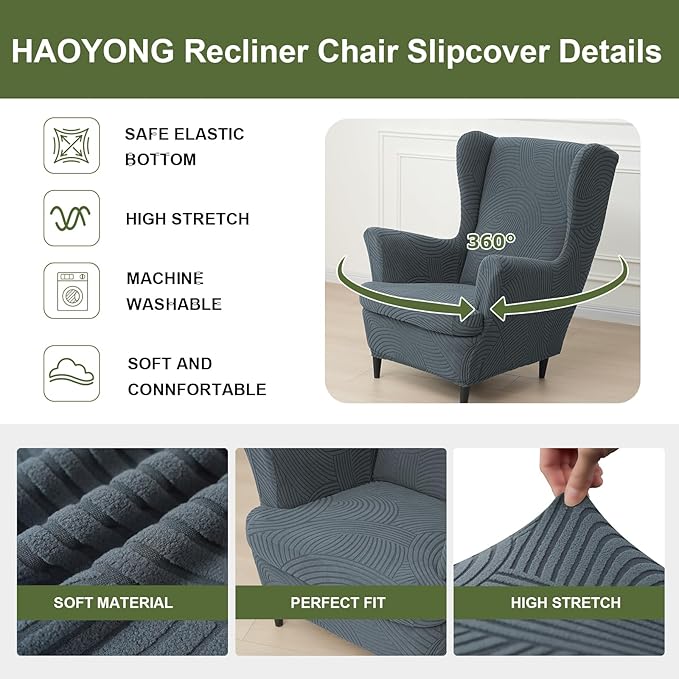 HAOYONG Wing Chair Slipcovers Printed Wingback Chair Covers 2 Pieces Wingback