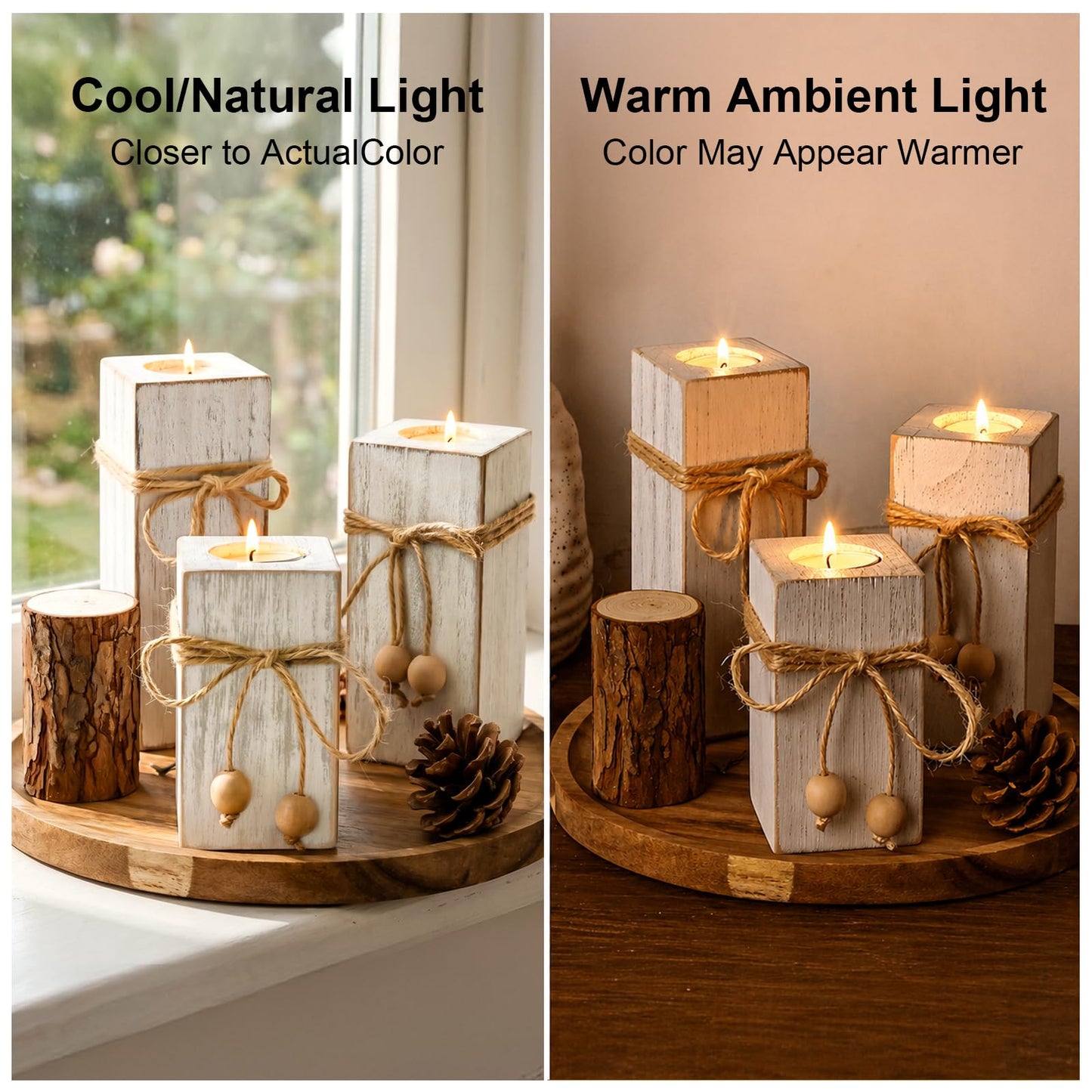 MelonBoat Rustic Flameless LED Candles 3-Pack, Battery Operated Candles with Wooden Candle Holders, White Rustic Farmhouse Decor, Farmhouse Candle Holder for Valentines Holiday Party Home Decor