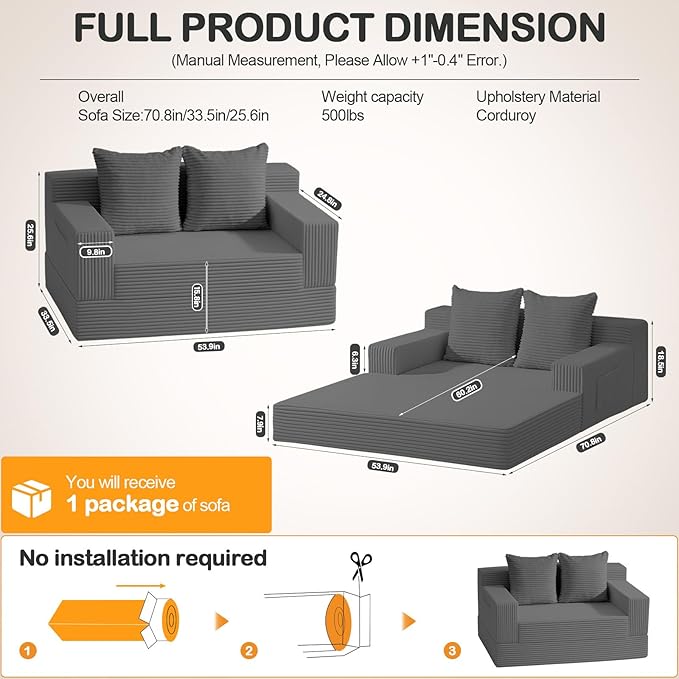 Erament Convertible Sofa Bed, Loveseat Folding Floor Futon Sleeper Sofa Couch