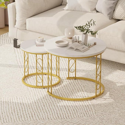 Garden 4 you Coffee Table Faux Marble Nesting Table for Small Place 2 Sets Modern Furniture Living Room Sets End Side Table Night Stand for Bed Room Dining Room (White & Gold)