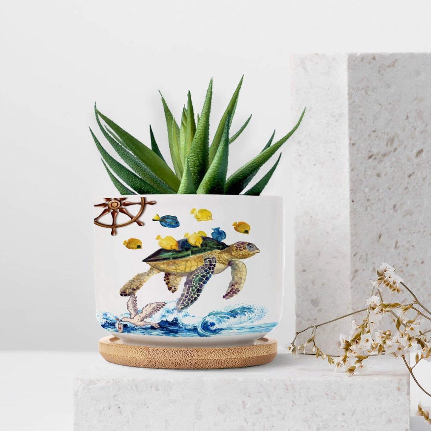 DreamAutumn Ocean Theme Sea Turtle Ceramic Pots for Plants with Drainage Holes Round Flower Pot Bamboo Tray Orchid Pot Succulents Pots for Outdoor Indoor Plants,Housewarming Gifts