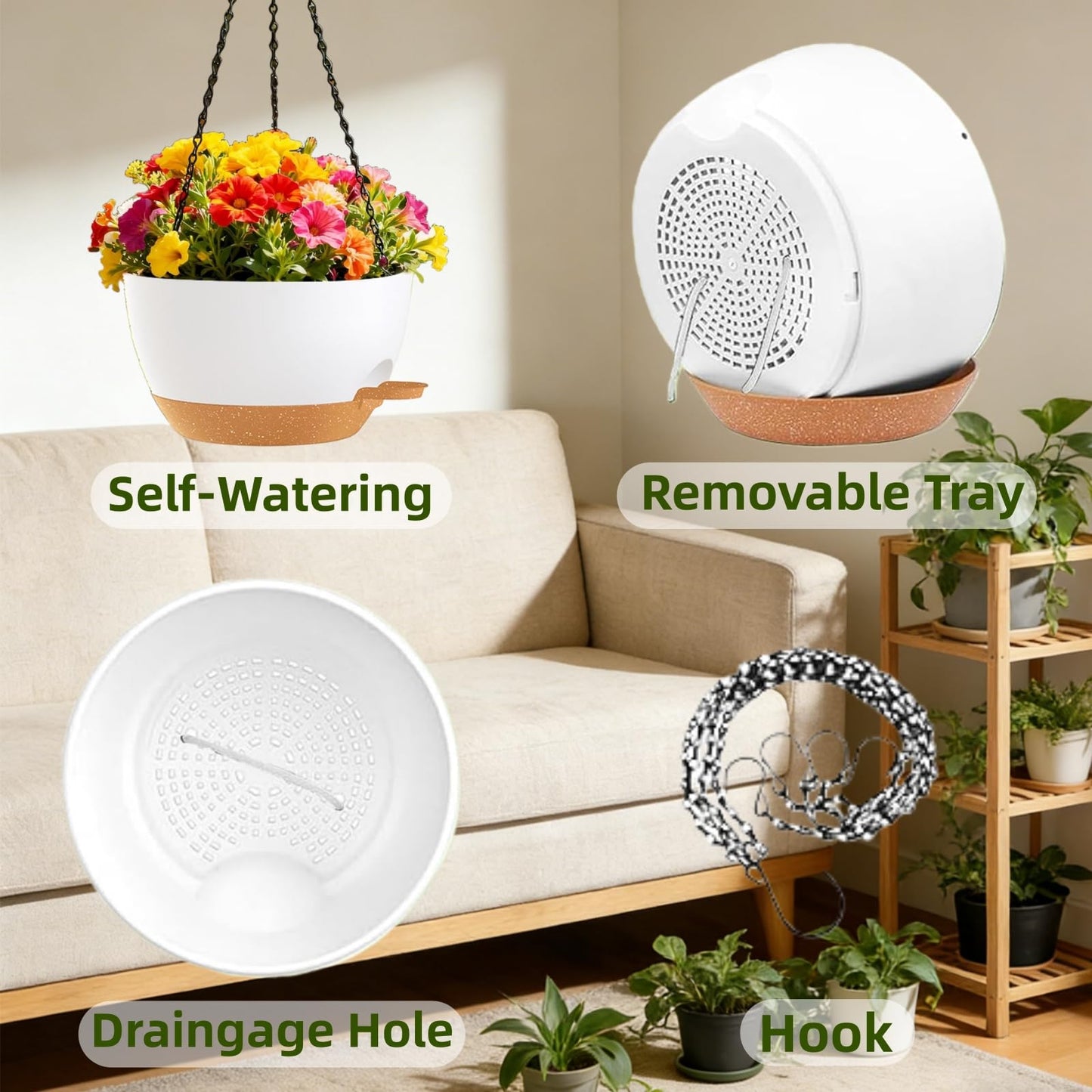 TESSTSY 3 Pack Hanging Planters for Indoor Outdoor Plants, 10 Inch Self Watering Hanging Pots for Plants, Plastic Hanging Flower Baskets for Plants Hanger with Drainage and Tray, Chain (White Brown)