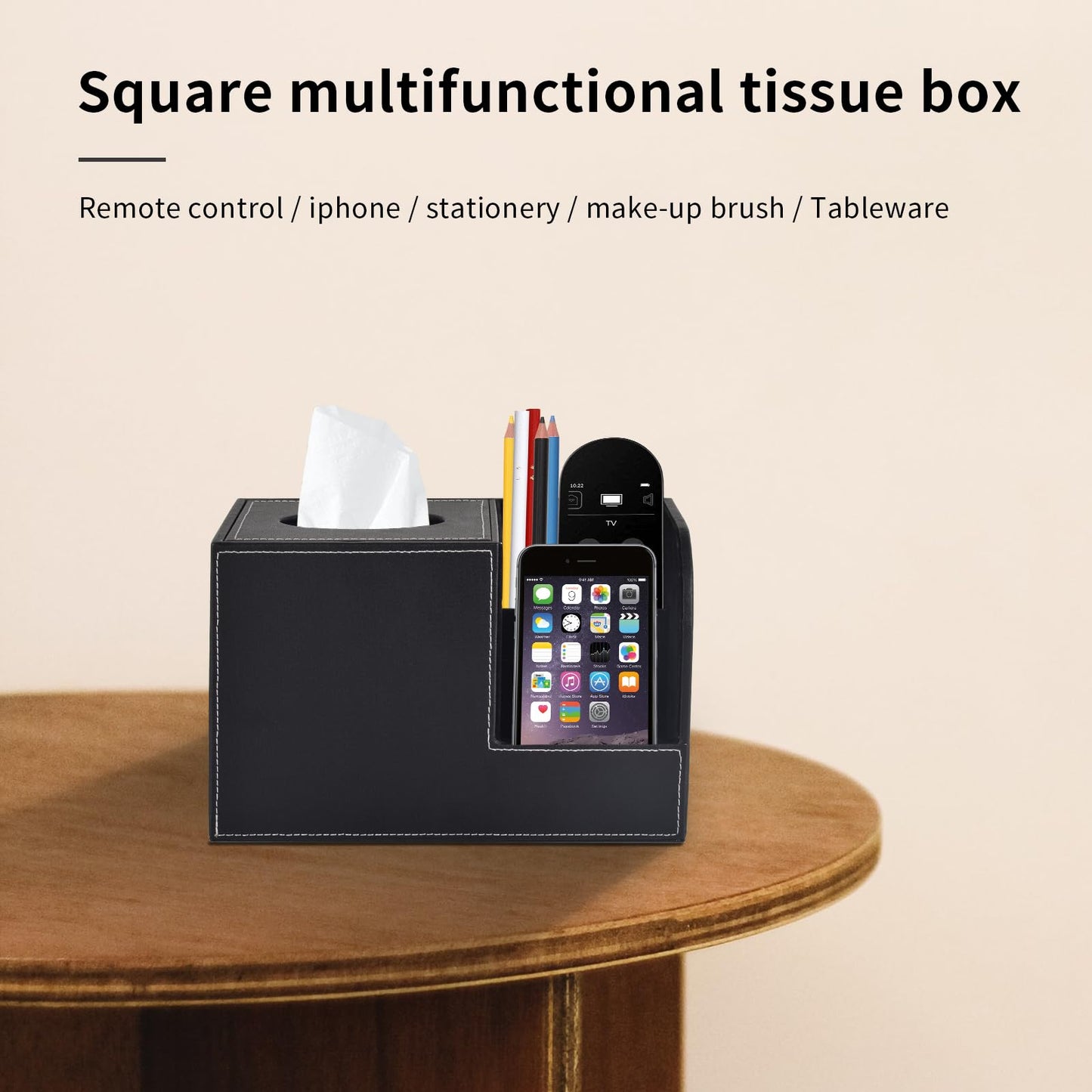 XNONE PU Leather Tissue Box Cover with Storage Square-Multifunctional Tissue Holder,Remote Control Holder,Decorative Tissues Boxes Organizer,Home Office Desktop Storage box,Black