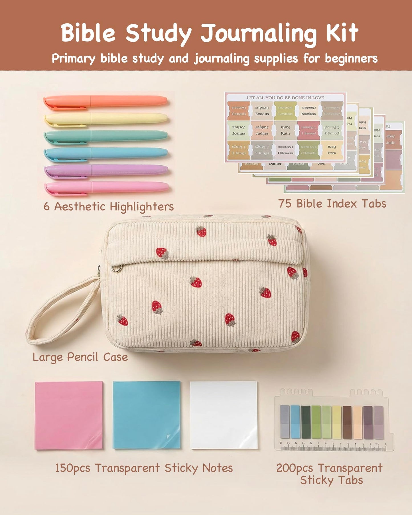 Envysun Bible Study Supplies Journaling Kit for Women - Bible Annotation Kit with No Bleed Highlighters, Tabs & Pen Case - Starter Christian Gift for Daily Devotion & Note Taking (Beige Strawberry)