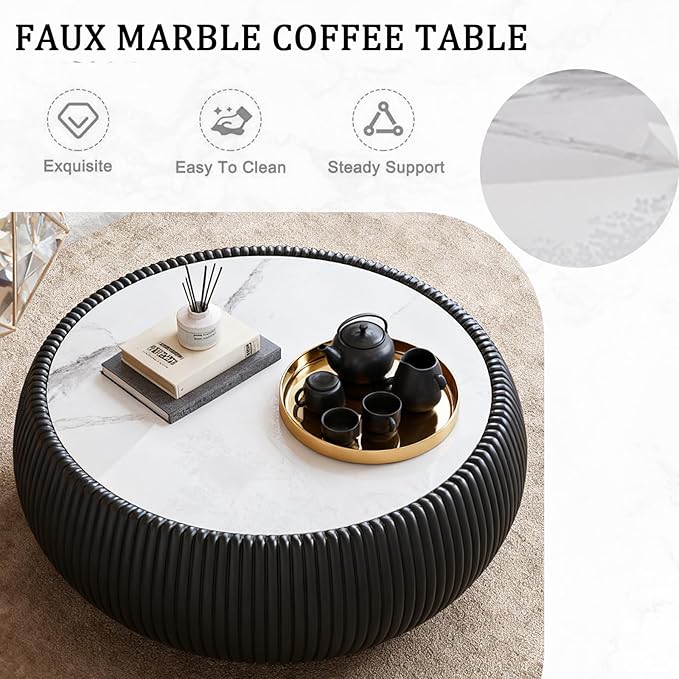 27.55" Round Marble Coffee Table, Modern Fluted Coffee Table