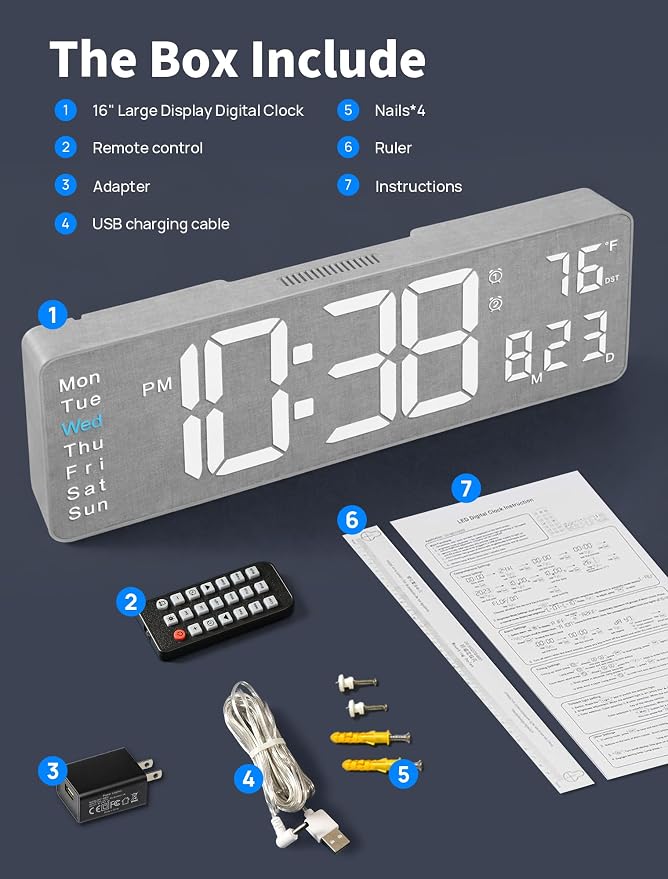 MASHI 2026 Upgrade Digital Wall Clock, 16" Large Display Digital Clock with Remote Control, Auto-Dimming Wall Clock with Night Light, DST, Date Week,Temp for Living Room, Gift for Elderly (Grey)
