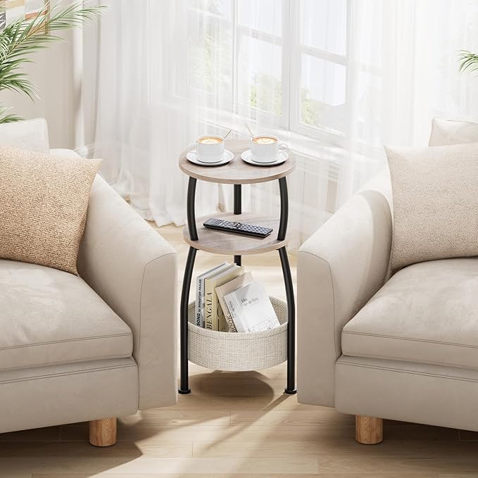 Round Side Table with Storage Basket –Small Space Saving End Table 3-Tier